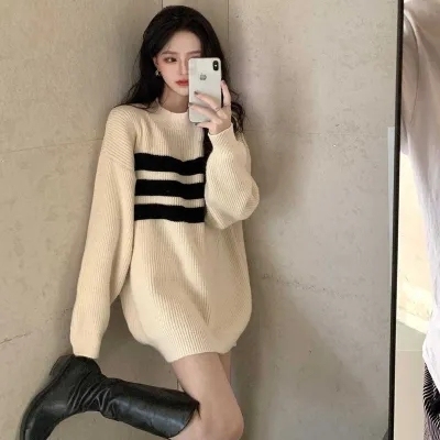 New autumn clothing 2025 striped sweater mid-length Korean style pullover small knitted inner bottoming skirt for women autumn and winter