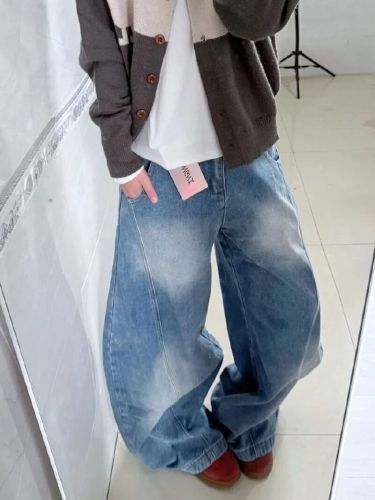 2025 American Retro Washed Bended Knife Wide Leg Jeans for Women Loose High-Waist Slim Straight Leg Pants Casual Long Pants