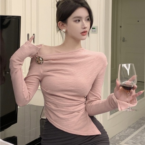 Photographed Design-Insensitive Irregular Pleated Long-Sleeve T-Shirt Top