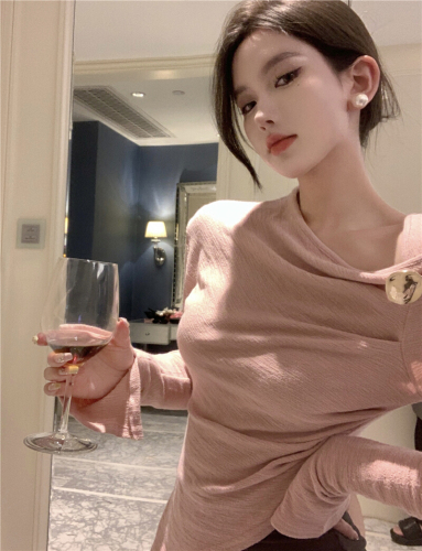 Photographed Design-Insensitive Irregular Pleated Long-Sleeve T-Shirt Top