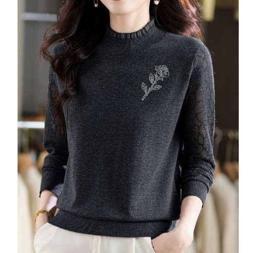 Half-height lace sweater for women, spring and autumn thin model, high-end, embroidered with crystals, knitted top, loose wool base shirt