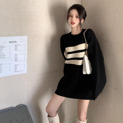 New autumn clothing 2025 striped sweater mid-length Korean style pullover small knitted inner bottoming skirt for women autumn and winter