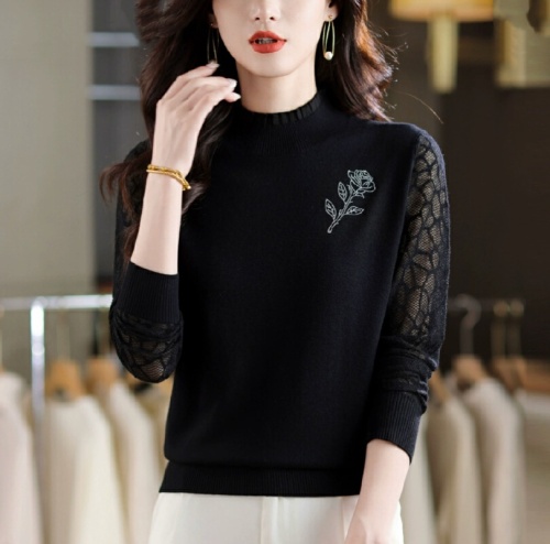 Half-height lace sweater for women, spring and autumn thin model, high-end, embroidered with crystals, knitted top, loose wool base shirt