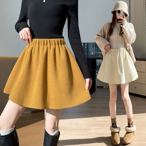 Women's winter new slim fit A-line semi-slip dress with plush lambskin, multi-functional dopamine mini skirt