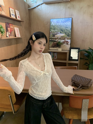Real-shot, genuine, ultra-sexy spicy girl—bow-knot V-neck lace pants top, women's short bottoming shirt, long-sleeved T-shirt.