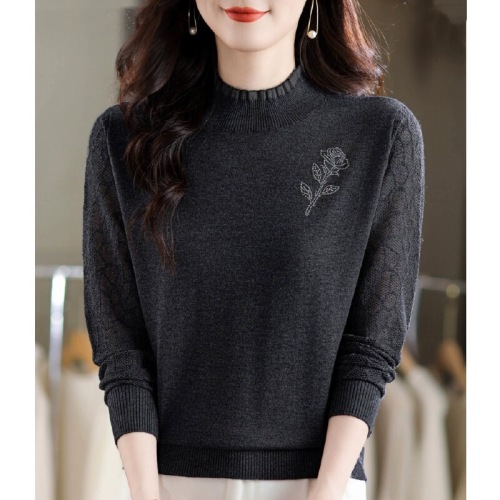 Half-height lace sweater for women, spring and autumn thin model, high-end, embroidered with crystals, knitted top, loose wool base shirt