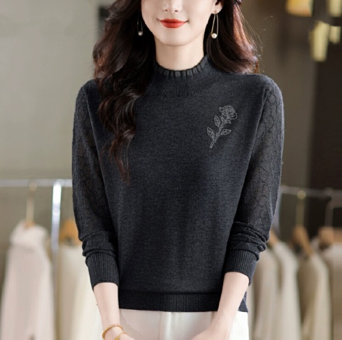 Half-height lace sweater for women, spring and autumn thin model, high-end, embroidered with crystals, knitted top, loose wool base shirt