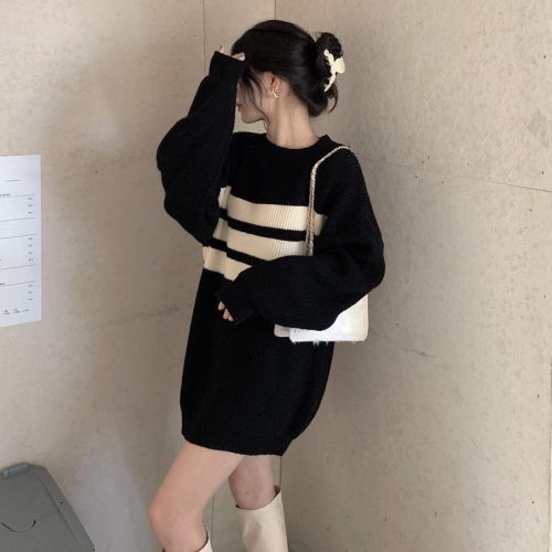 New autumn clothing 2025 striped sweater mid-length Korean style pullover small knitted inner bottoming skirt for women autumn and winter