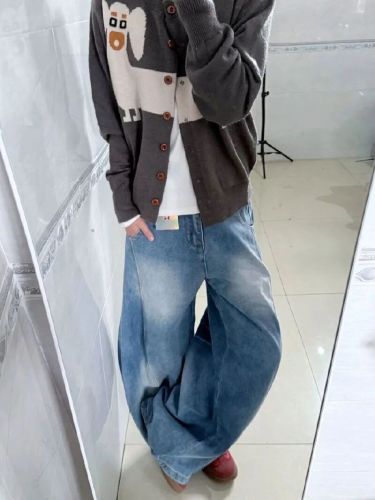 2025 American Retro Washed Bended Knife Wide Leg Jeans for Women Loose High-Waist Slim Straight Leg Pants Casual Long Pants