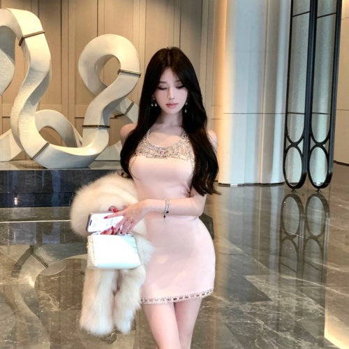 Photographed Hot Girl Party Elegance Sexy Heavy Industry Diamond-Studded Short Skirted Dress