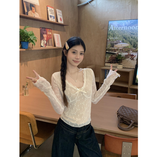 Real-shot, genuine, ultra-sexy spicy girl—bow-knot V-neck lace pants top, women's short bottoming shirt, long-sleeved T-shirt.