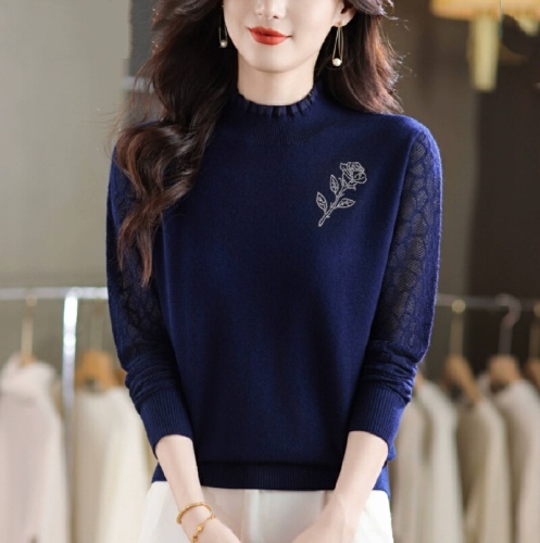 Half-height lace sweater for women, spring and autumn thin model, high-end, embroidered with crystals, knitted top, loose wool base shirt