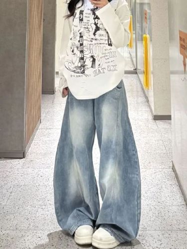 2025 American Retro Distressed Light Color Bended Knife Wide Leg Women's Loose High-Waist Slim Straight Leg Pants Long Pants