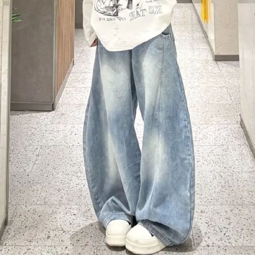 2025 American Retro Distressed Light Color Bended Knife Wide Leg Women's Loose High-Waist Slim Straight Leg Pants Long Pants