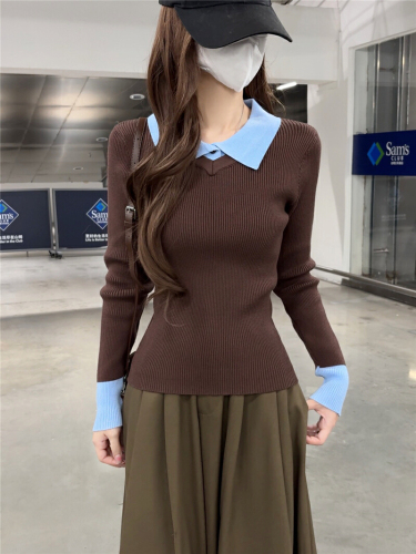 Real-shot: Meilade coffee-colored faux two-piece polo-collar knitted sweater for women—long-sleeved, slimming, and stylish base layer.