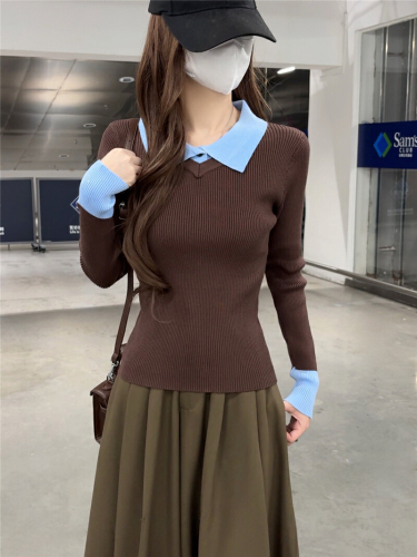 Real-shot: Meilade coffee-colored faux two-piece polo-collar knitted sweater for women—long-sleeved, slimming, and stylish base layer.