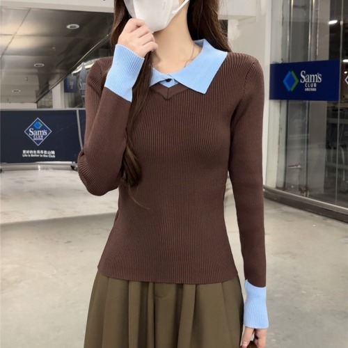Real-shot: Meilade coffee-colored faux two-piece polo-collar knitted sweater for women—long-sleeved, slimming, and stylish base layer.