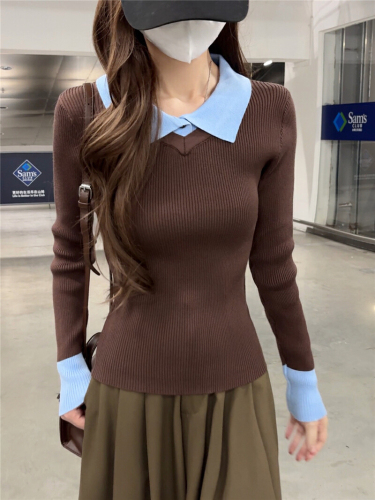 Real-shot: Meilade coffee-colored faux two-piece polo-collar knitted sweater for women—long-sleeved, slimming, and stylish base layer.