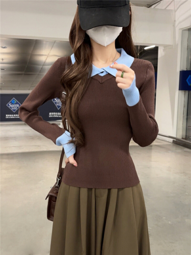 Real-shot: Meilade coffee-colored faux two-piece polo-collar knitted sweater for women—long-sleeved, slimming, and stylish base layer.