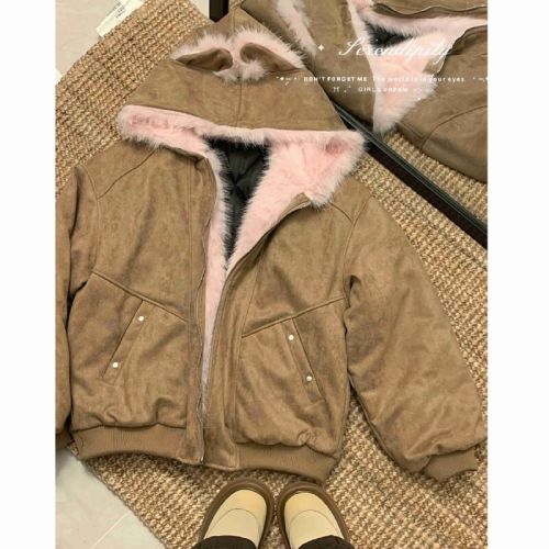 Photographed Small Cat Ear Fleece Cotton Velour Moccasin-like Outerwear Autumn/Winter Thick Warm Seat Mounting Sculpture Loose Casual Cotton Coat