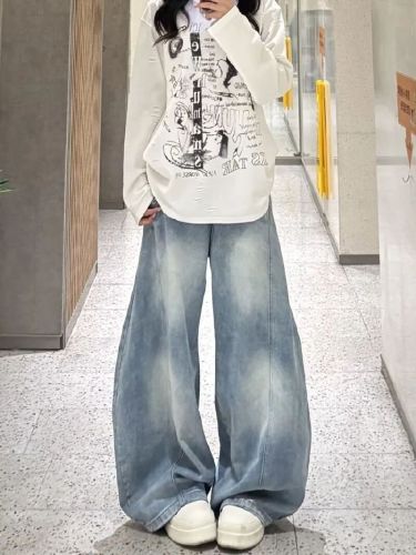 2025 American Retro Distressed Light Color Bended Knife Wide Leg Women's Loose High-Waist Slim Straight Leg Pants Long Pants