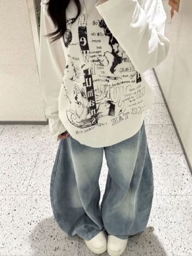 2025 American Retro Distressed Light Color Bended Knife Wide Leg Women's Loose High-Waist Slim Straight Leg Pants Long Pants