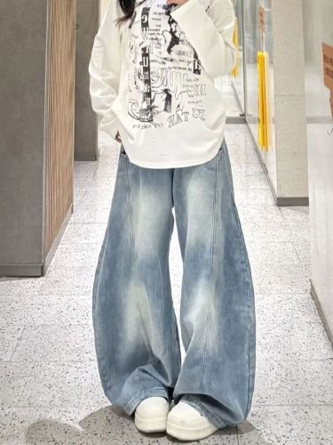 2025 American Retro Distressed Light Color Bended Knife Wide Leg Women's Loose High-Waist Slim Straight Leg Pants Long Pants