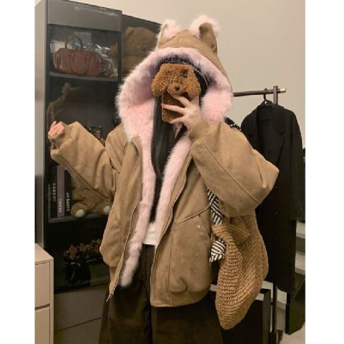 Photographed Small Cat Ear Fleece Cotton Velour Moccasin-like Outerwear Autumn/Winter Thick Warm Seat Mounting Sculpture Loose Casual Cotton Coat