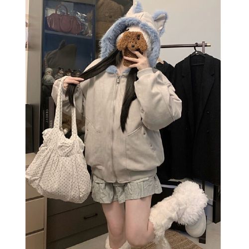 Photographed Small Cat Ear Fleece Cotton Velour Moccasin-like Outerwear Autumn/Winter Thick Warm Seat Mounting Sculpture Loose Casual Cotton Coat