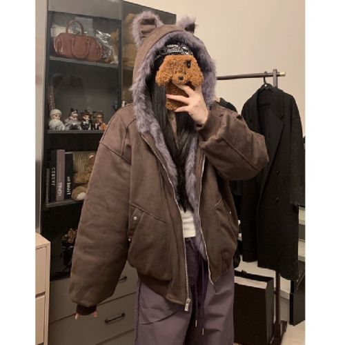 Photographed Small Cat Ear Fleece Cotton Velour Moccasin-like Outerwear Autumn/Winter Thick Warm Seat Mounting Sculpture Loose Casual Cotton Coat