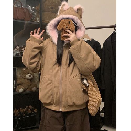 Photographed Small Cat Ear Fleece Cotton Velour Moccasin-like Outerwear Autumn/Winter Thick Warm Seat Mounting Sculpture Loose Casual Cotton Coat