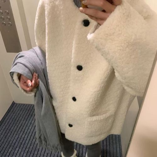 Korean-style effortless lamb wool coat for women, student winter and autumn new version loose matchable warm fur leather coat