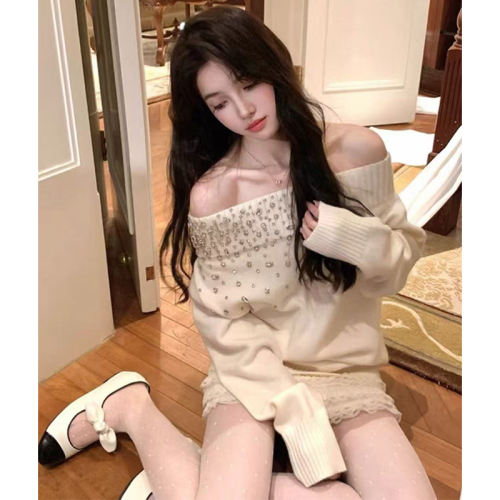 One-Shoulder White Embroidered Diamond Long-Sleeve Knit Top for Women - Autumn/Winter Knit Sweater - Korean Style Pure Desire Loose Inner Layer Top