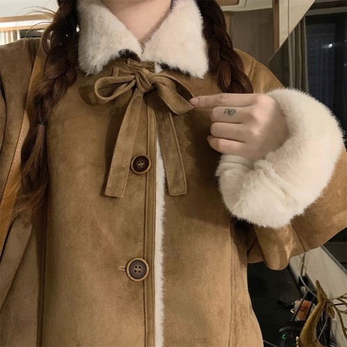 Composite rabbit fur: Korean-style leather and fur integrated, super good-looking, lined, short women's autumn and winter, petite, sweet and loose-fitting coat