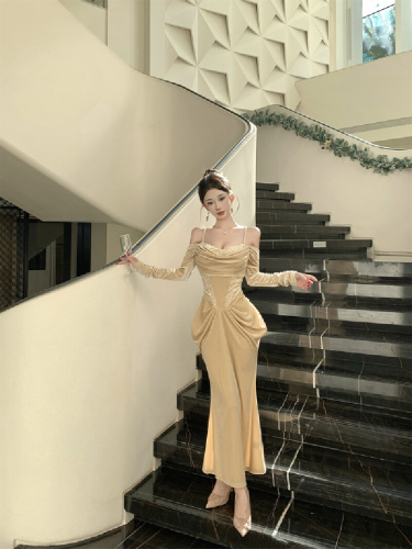 Real shot! Sexy sequin-stitched velvet faux two-piece slip dress with long sleeves—slimming effect.