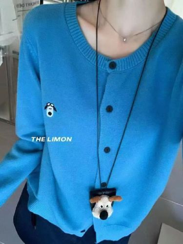 2025 Autumn/Winter New Korean Style Youthful Crew Neck Cartoon Dog Matching Accessories Embroidered Cardigan Warm Sweater Coat