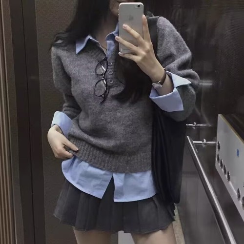 Korean chic autumn new French youthful V-neck buttoned soft and versatile layering long-sleeved knitted sweater for women