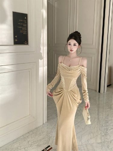 Real shot! Sexy sequin-stitched velvet faux two-piece slip dress with long sleeves—slimming effect.