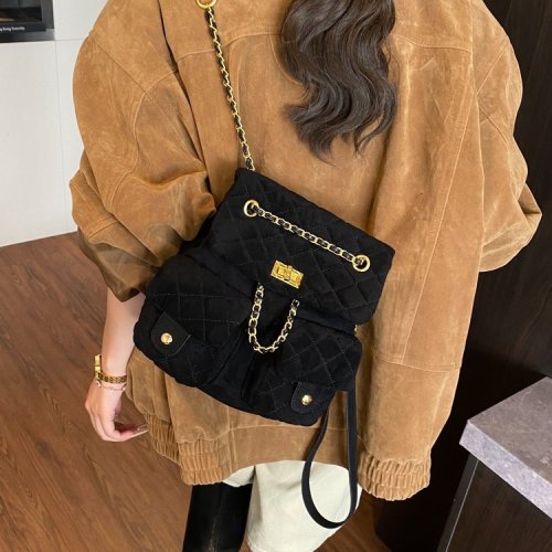 Tabby Double Shoulder Bag Denim Blue Retro Chanel Style Gingham Chain Backpack Single Shoulder Crossbody Drawstring Bucket Bag for Women