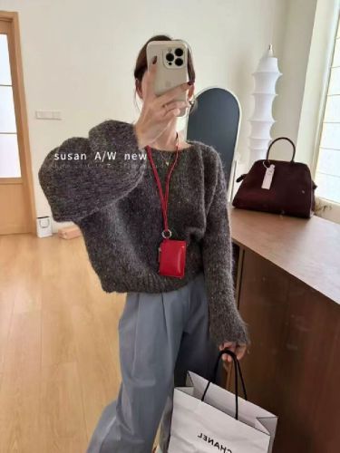 BLUEBERRY Korean-style Gentle Hoodie Single-Sleeve Loose Round Neck Slimming Sweet Uncommon Design Knitwear