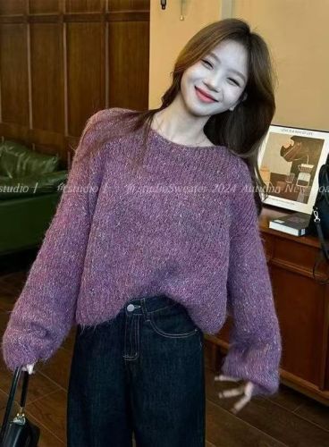 BLUEBERRY Korean-style Gentle Hoodie Single-Sleeve Loose Round Neck Slimming Sweet Uncommon Design Knitwear