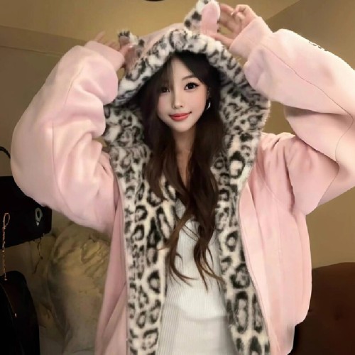 Cute Ear Pink Leopard Print Plush Hooded Sweatshirt for Women, Autumn/Winter Loose Fleece Lined Warm Zipper Cotton Coat