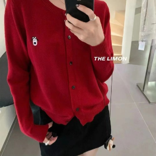 2025 Autumn/Winter New Korean Style Youthful Crew Neck Cartoon Dog Matching Accessories Embroidered Cardigan Warm Sweater Coat