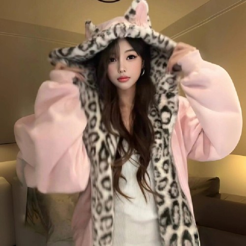 Cute Ear Pink Leopard Print Plush Hooded Sweatshirt for Women, Autumn/Winter Loose Fleece Lined Warm Zipper Cotton Coat