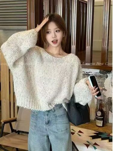 BLUEBERRY Korean-style Gentle Hoodie Single-Sleeve Loose Round Neck Slimming Sweet Uncommon Design Knitwear
