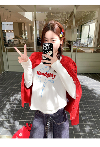 Official Image Wool Fleece Korean Style Long-Sleeve T-shirt for Women, Autumn/Winter New Arrival Basic Top, Single Wear Printed Top