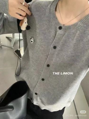 2025 Autumn/Winter New Korean Style Youthful Crew Neck Cartoon Dog Matching Accessories Embroidered Cardigan Warm Sweater Coat