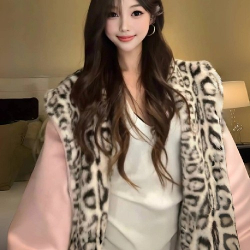 Cute Ear Pink Leopard Print Plush Hooded Sweatshirt for Women, Autumn/Winter Loose Fleece Lined Warm Zipper Cotton Coat