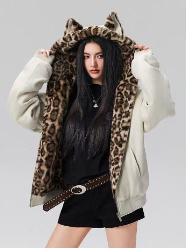 Cute Ear Pink Leopard Print Plush Hooded Sweatshirt for Women, Autumn/Winter Loose Fleece Lined Warm Zipper Cotton Coat