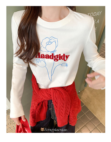 Official Image Wool Fleece Korean Style Long-Sleeve T-shirt for Women, Autumn/Winter New Arrival Basic Top, Single Wear Printed Top